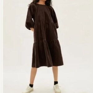 Everlane Chocolate Brown Corduroy Tiered Puff Sleeve Midi Dress SZ Large